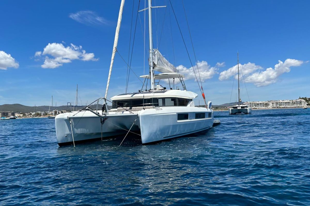 Exterior view of Patagonia, a Lagoon 50 catamaran at Ibiza, Spain
