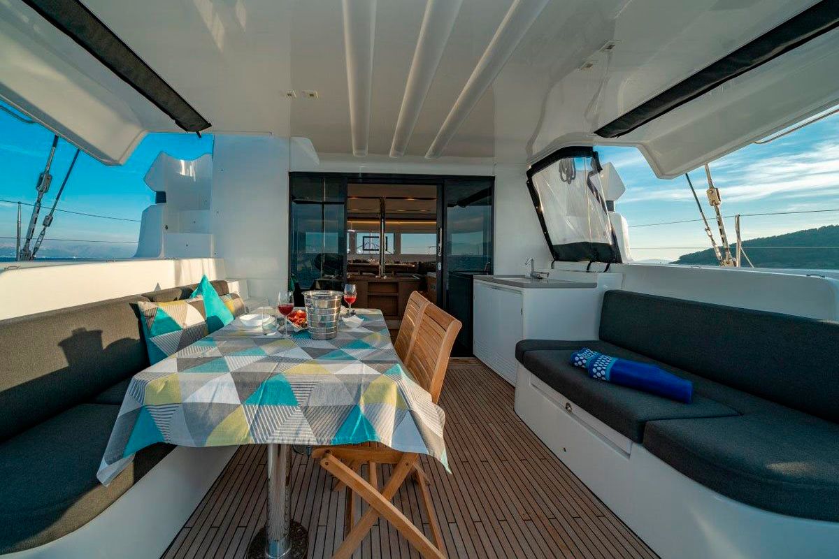 Deck of Patagonia, a Lagoon 50 catamaran at Ibiza, Spain