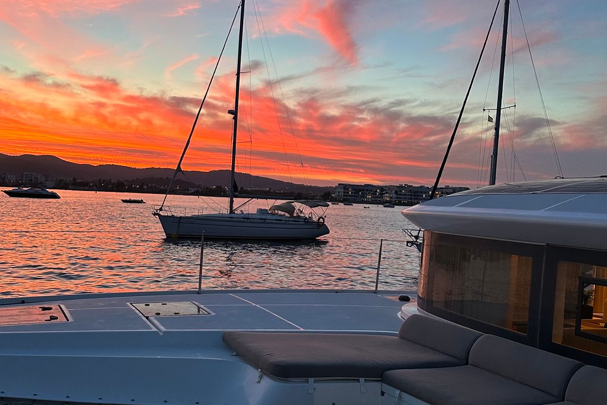 Deck of Patagonia, a Lagoon 50 catamaran at Ibiza, Spain