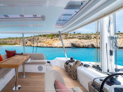 Cockpit of SAILUXE - Sami, a Lagoon 55 catamaran at Olbia, Italy