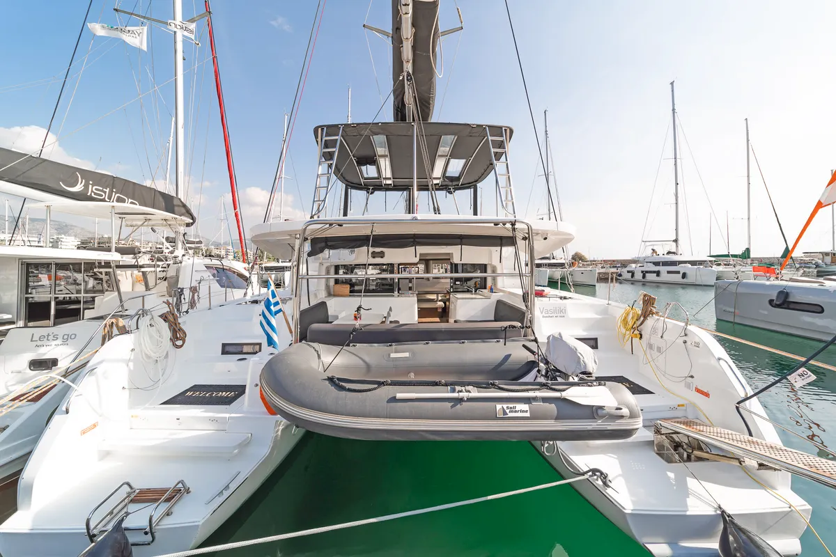 Exterior view of Vasiliki, a Lagoon 46 catamaran at Athens, Greece