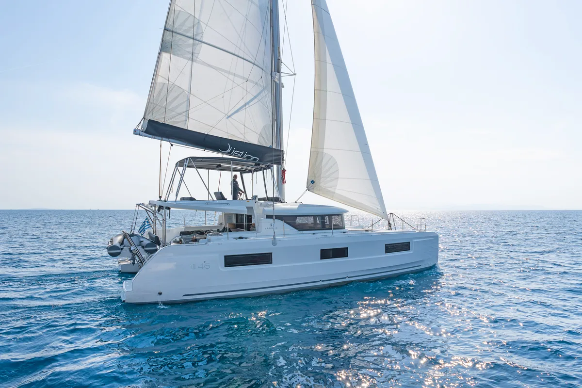 Exterior view of Vasiliki, a Lagoon 46 catamaran at Athens, Greece