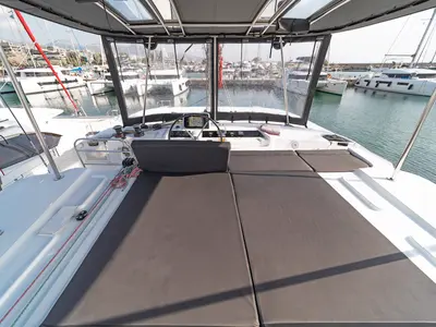 Deck of Vasiliki, a Lagoon 46 catamaran at Athens, Greece