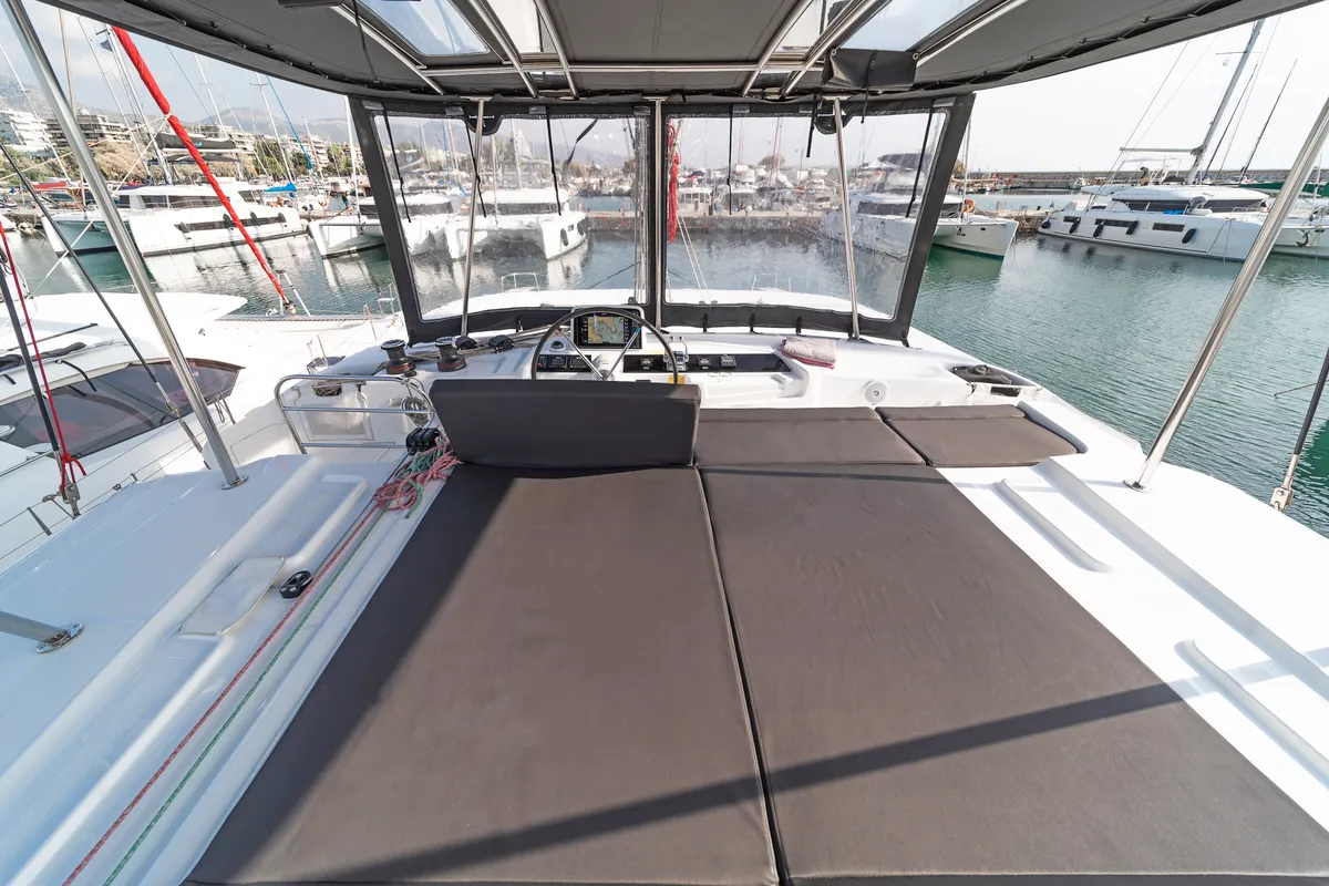 Deck of Vasiliki, a Lagoon 46 catamaran at Athens, Greece