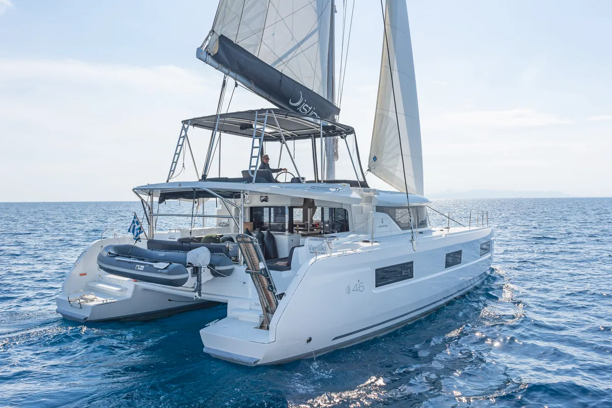 Exterior view of Vasiliki, a Lagoon 46 catamaran at Athens, Greece