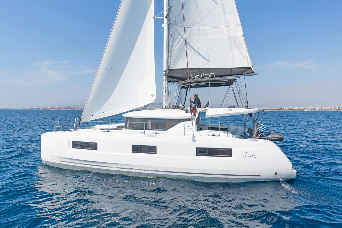Exterior view of Vasiliki, a Lagoon 46 catamaran at Athens, Greece