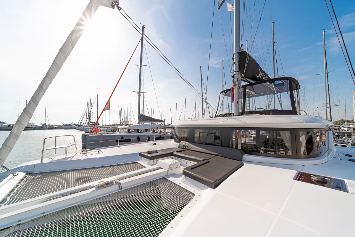 Deck of Vasiliki, a Lagoon 46 catamaran at Athens, Greece
