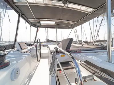 Cockpit of Vasiliki, a Lagoon 46 catamaran at Athens, Greece