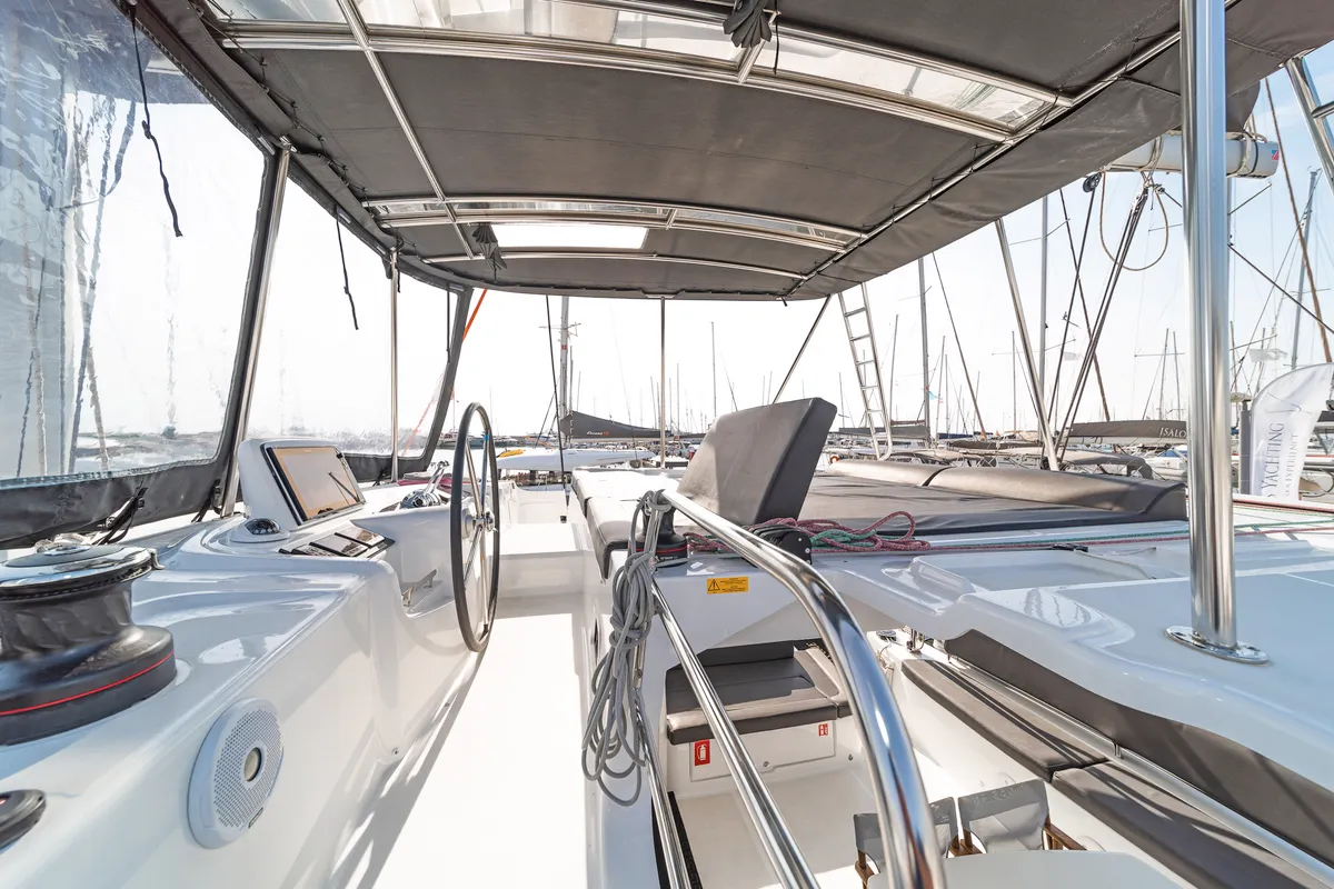 Cockpit of Vasiliki, a Lagoon 46 catamaran at Athens, Greece