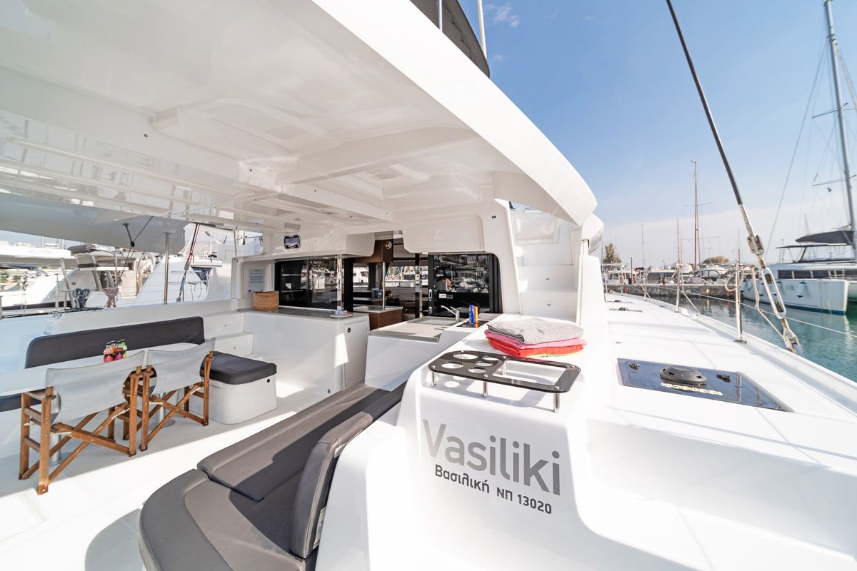 Deck of Vasiliki, a Lagoon 46 catamaran at Athens, Greece