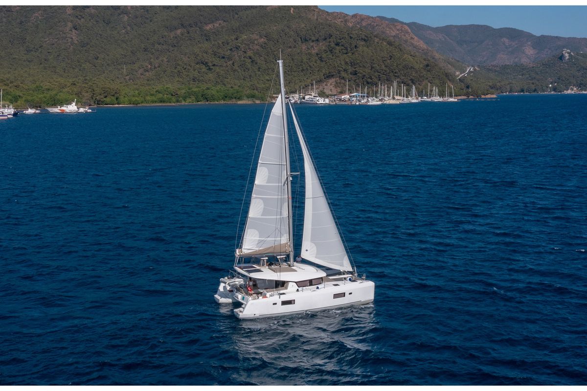 Exterior view of Liquid Asset, a Lagoon 42 catamaran at Marmaris, Turkey