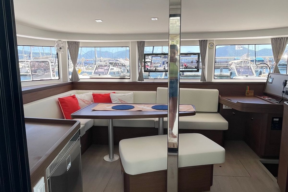 Salon of Liquid Asset, a Lagoon 42 catamaran at Marmaris, Turkey