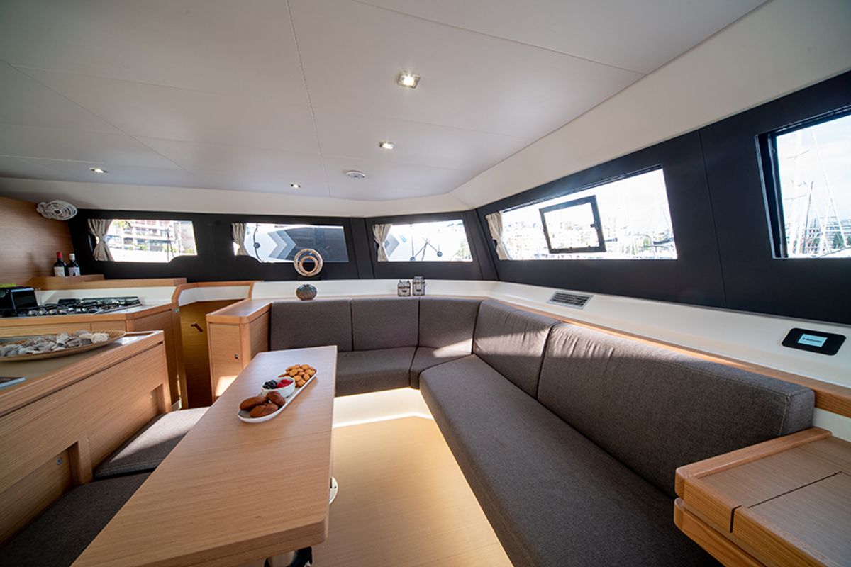 Salon of My Blue Heaven, a Dufour 48 Cat catamaran at Athens, Greece