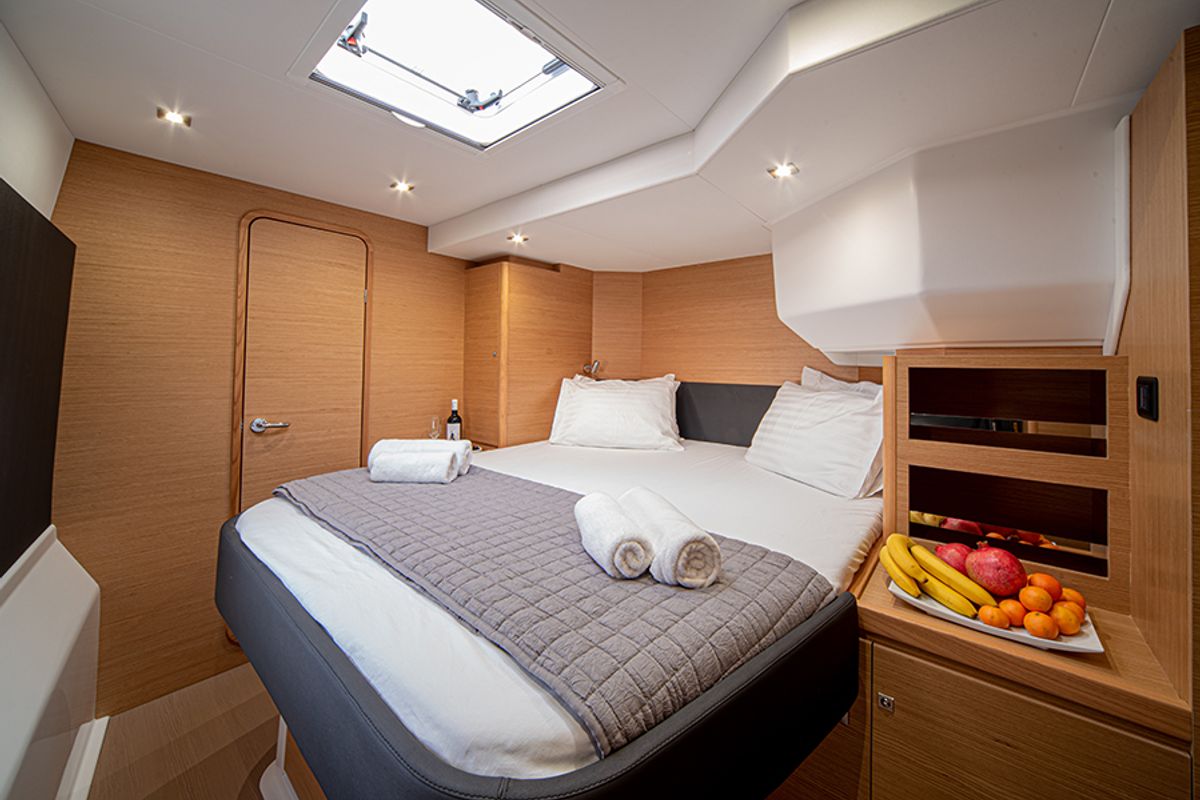 Cabin on My Blue Heaven, a Dufour 48 Cat catamaran at Athens, Greece