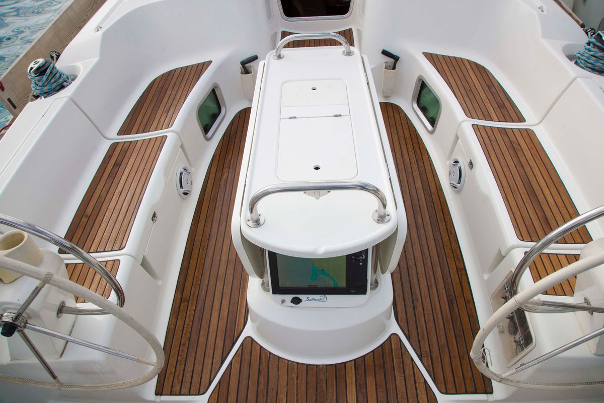 Cockpit of Elpida, a Jeanneau Sun Odyssey 45 sailboat at Sithonia Municipal Unit, Greece