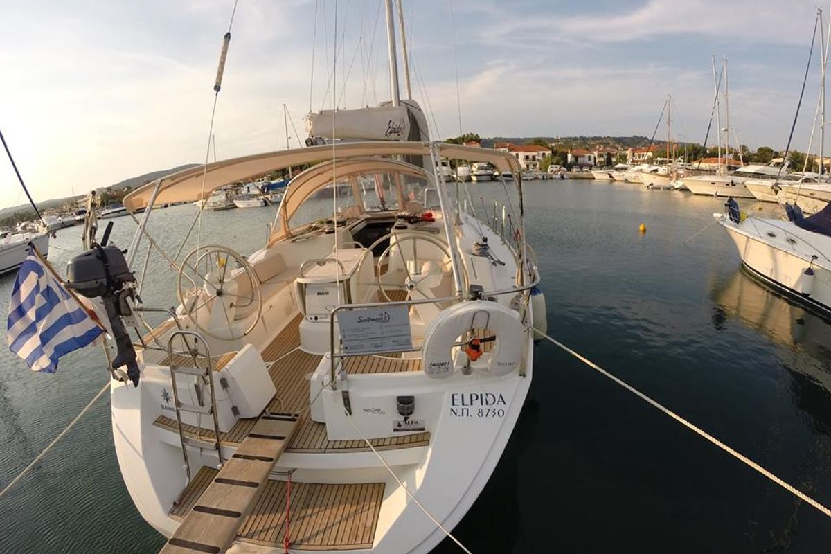 Exterior view of Elpida, a Jeanneau Sun Odyssey 45 sailboat at Sithonia Municipal Unit, Greece