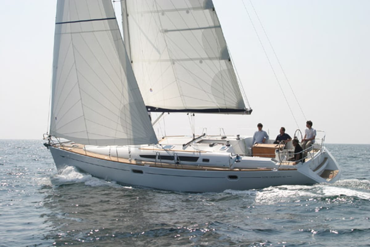 Exterior view of Elpida, a Jeanneau Sun Odyssey 45 sailboat at Sithonia Municipal Unit, Greece