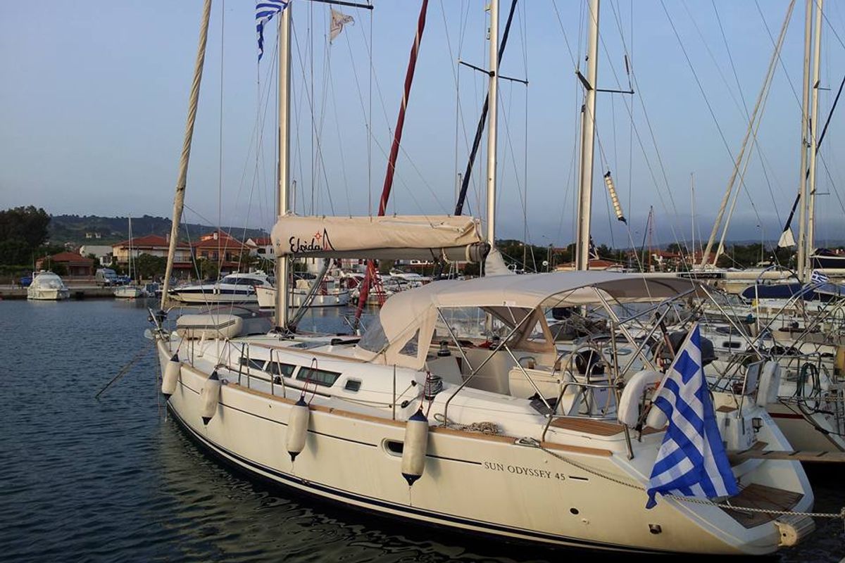 Exterior view of Elpida, a Jeanneau Sun Odyssey 45 sailboat at Sithonia Municipal Unit, Greece