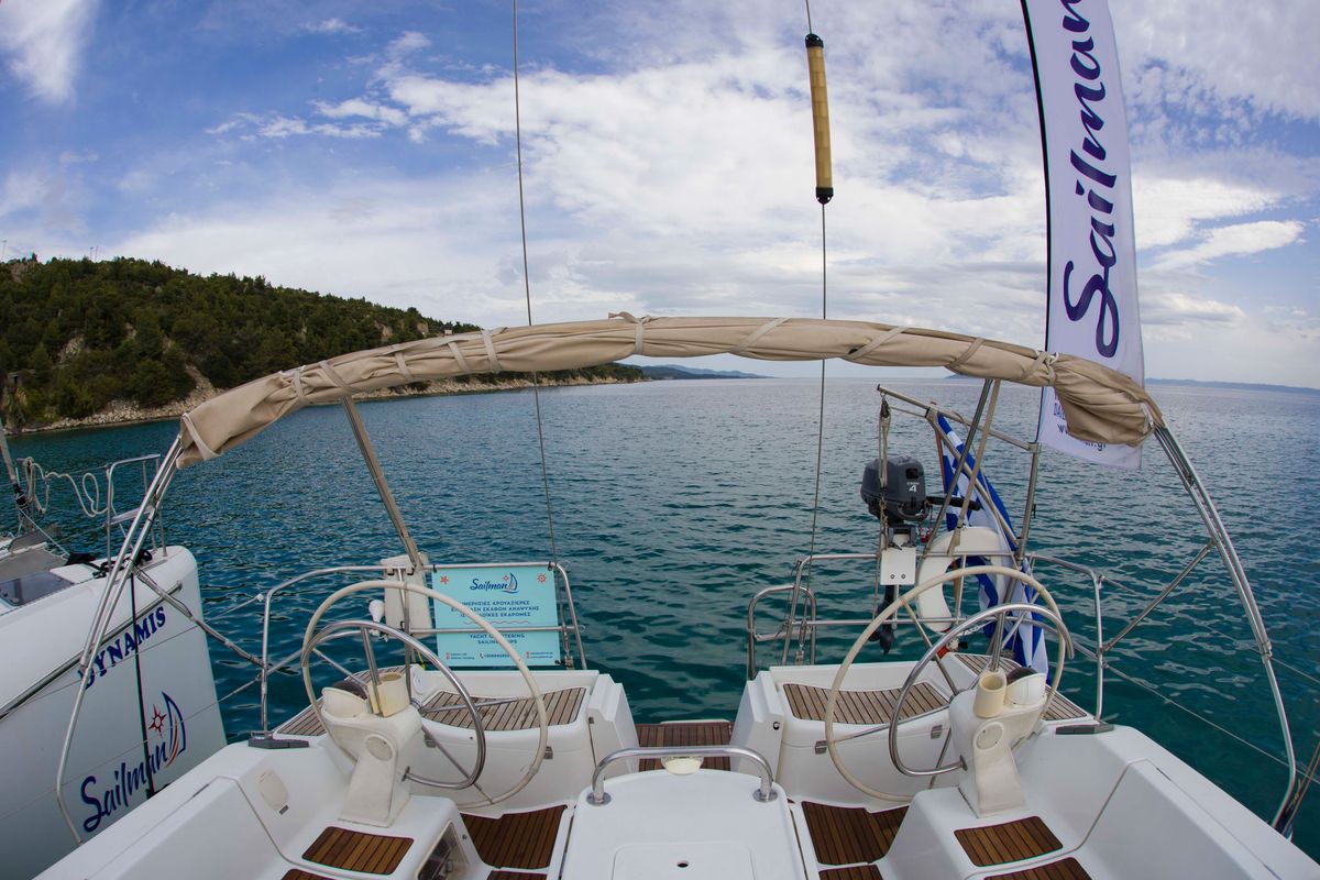 Cockpit of Elpida, a Jeanneau Sun Odyssey 45 sailboat at Sithonia Municipal Unit, Greece