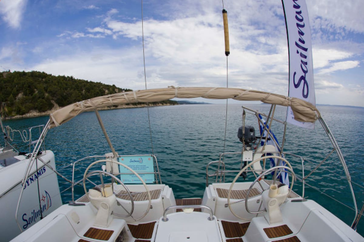 Deck of Elpida, a Jeanneau Sun Odyssey 45 sailboat at Sithonia Municipal Unit, Greece
