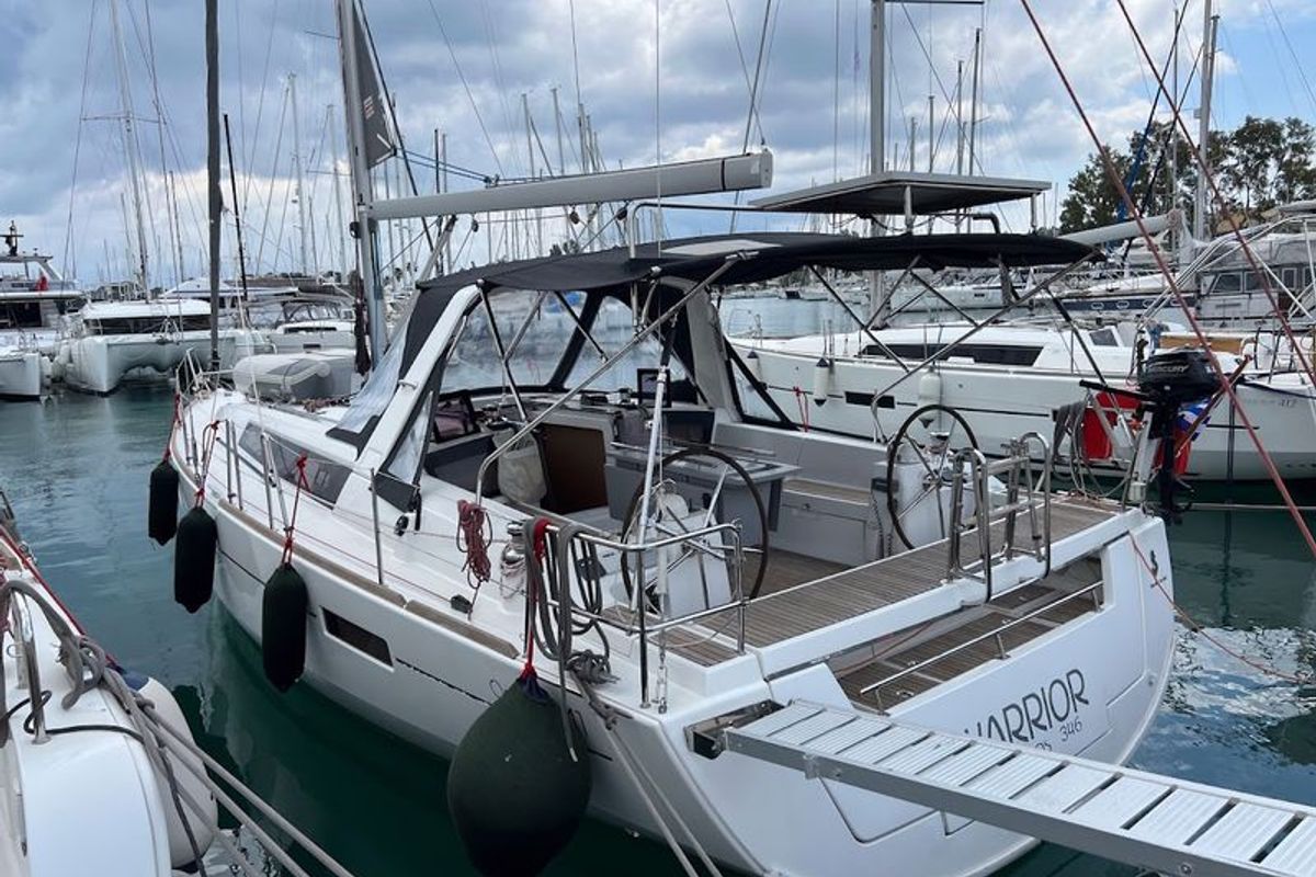Exterior view of Warrior, a Beneteau Oceanis 41 sailboat at Kontokali, Greece