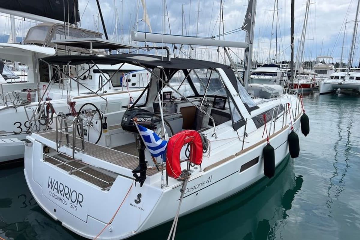 Exterior view of Warrior, a Beneteau Oceanis 41 sailboat at Kontokali, Greece