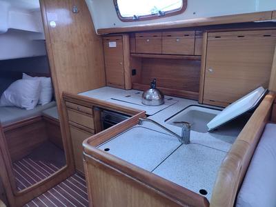 Galley of Big Blue Horizon, a Bavaria 37 Cruiser sailboat at Gouvia, Greece