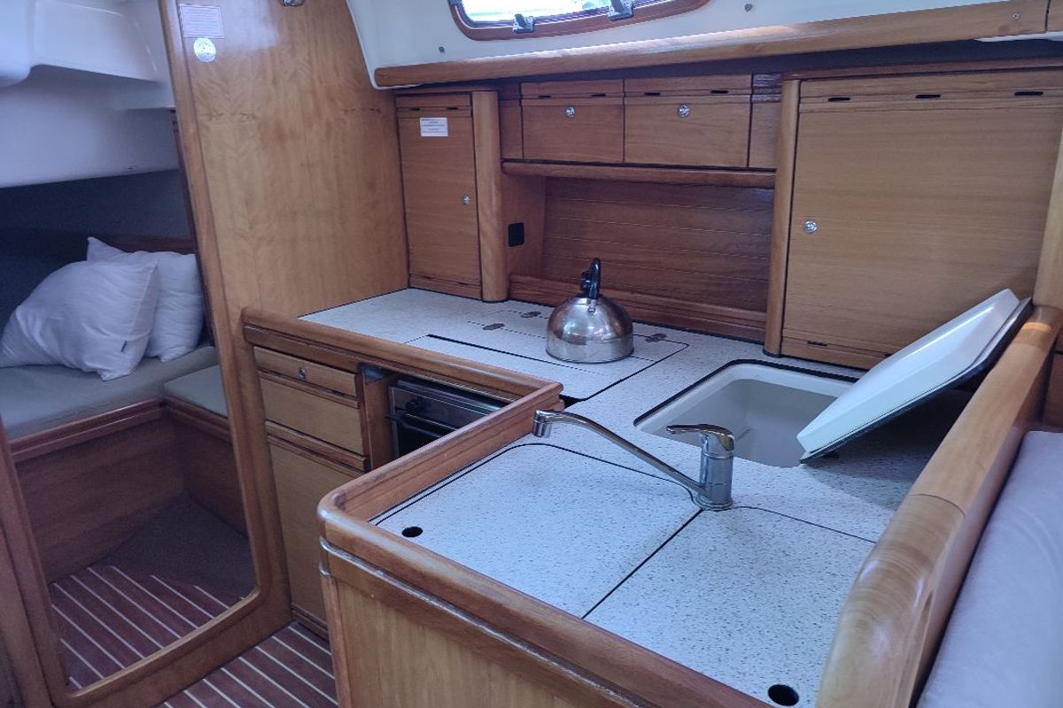 Galley of Big Blue Horizon, a Bavaria 37 Cruiser sailboat at Gouvia, Greece
