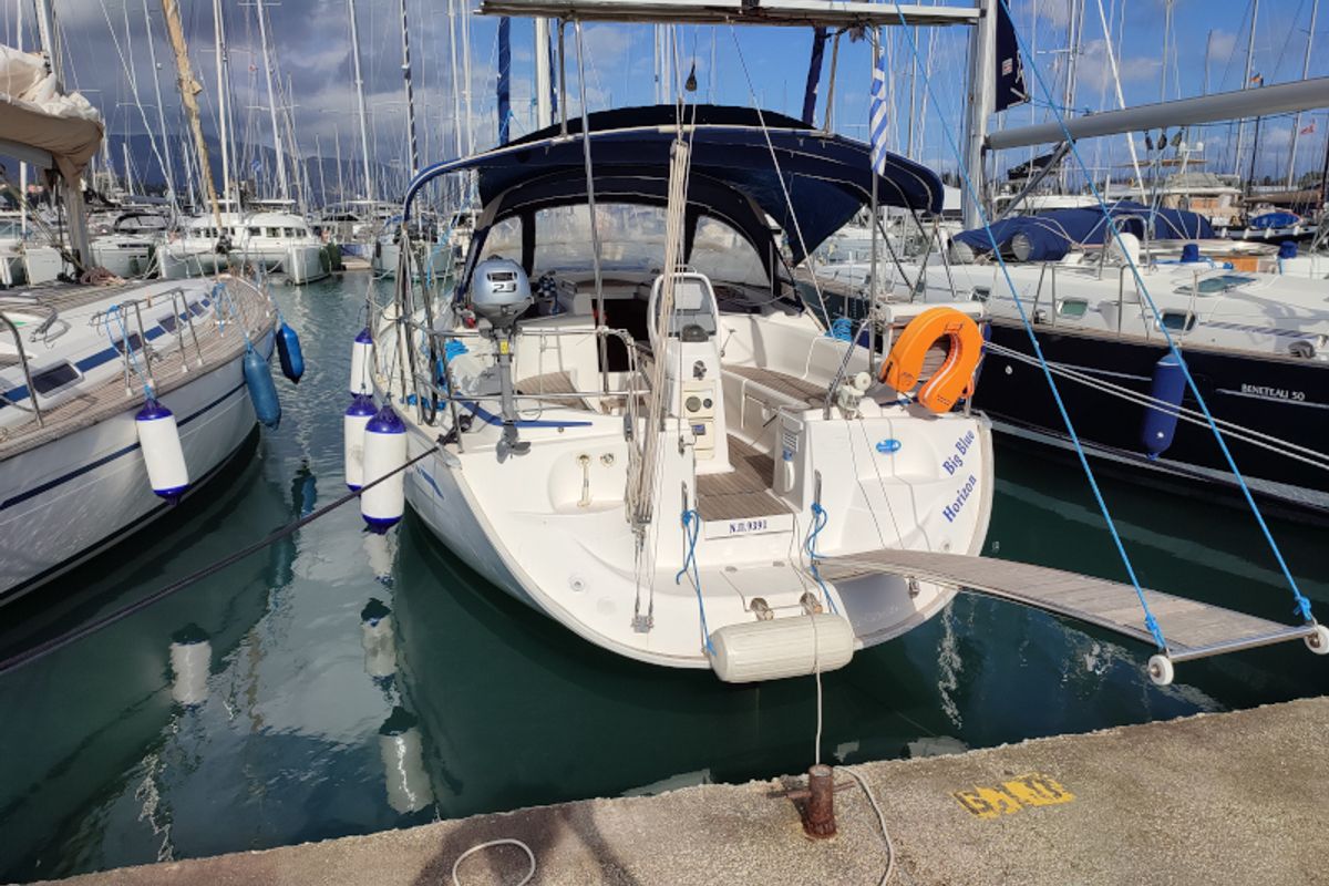 Exterior view of Big Blue Horizon, a Bavaria 37 Cruiser sailboat at Gouvia, Greece