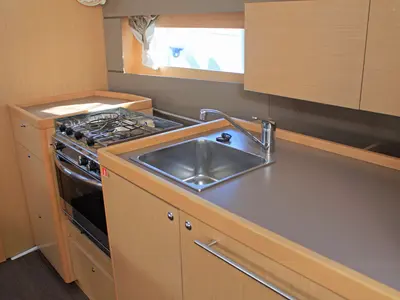 Galley of VITA, a Beneteau Oceanis 38.1 sailboat at Barcelona, Spain