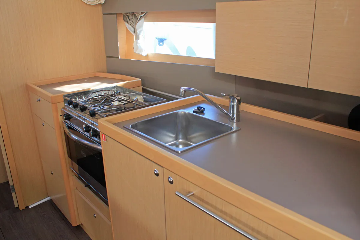 Galley of VITA, a Beneteau Oceanis 38.1 sailboat at Barcelona, Spain