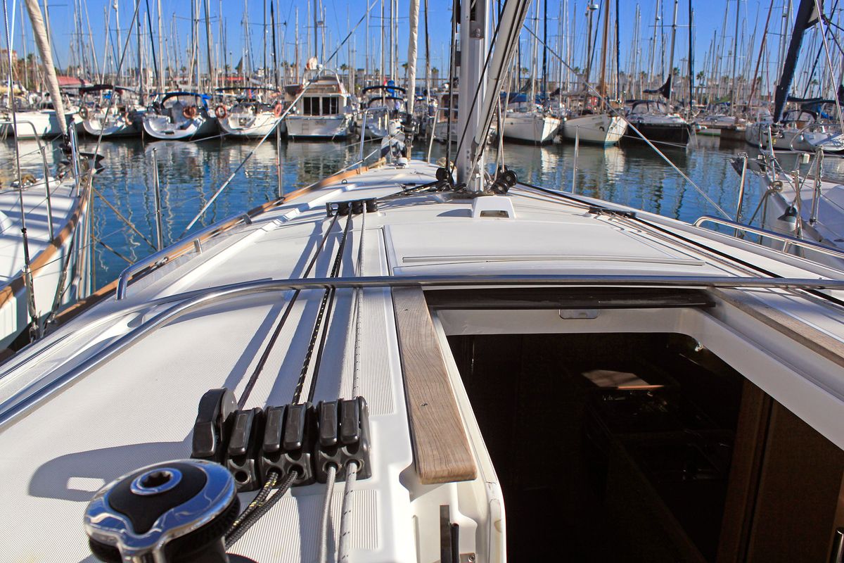Deck of VITA, a Beneteau Oceanis 38.1 sailboat at Barcelona, Spain