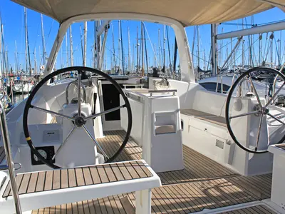 Cockpit of VITA, a Beneteau Oceanis 38.1 sailboat at Barcelona, Spain