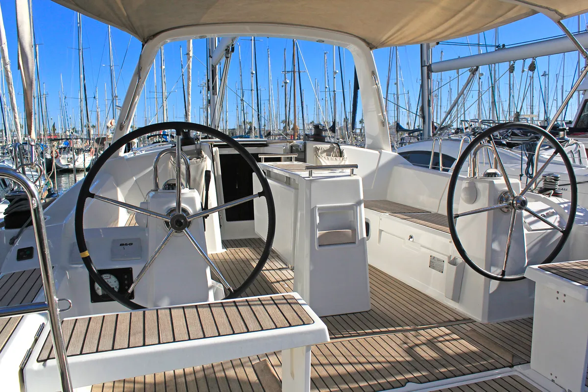 Cockpit of VITA, a Beneteau Oceanis 38.1 sailboat at Barcelona, Spain