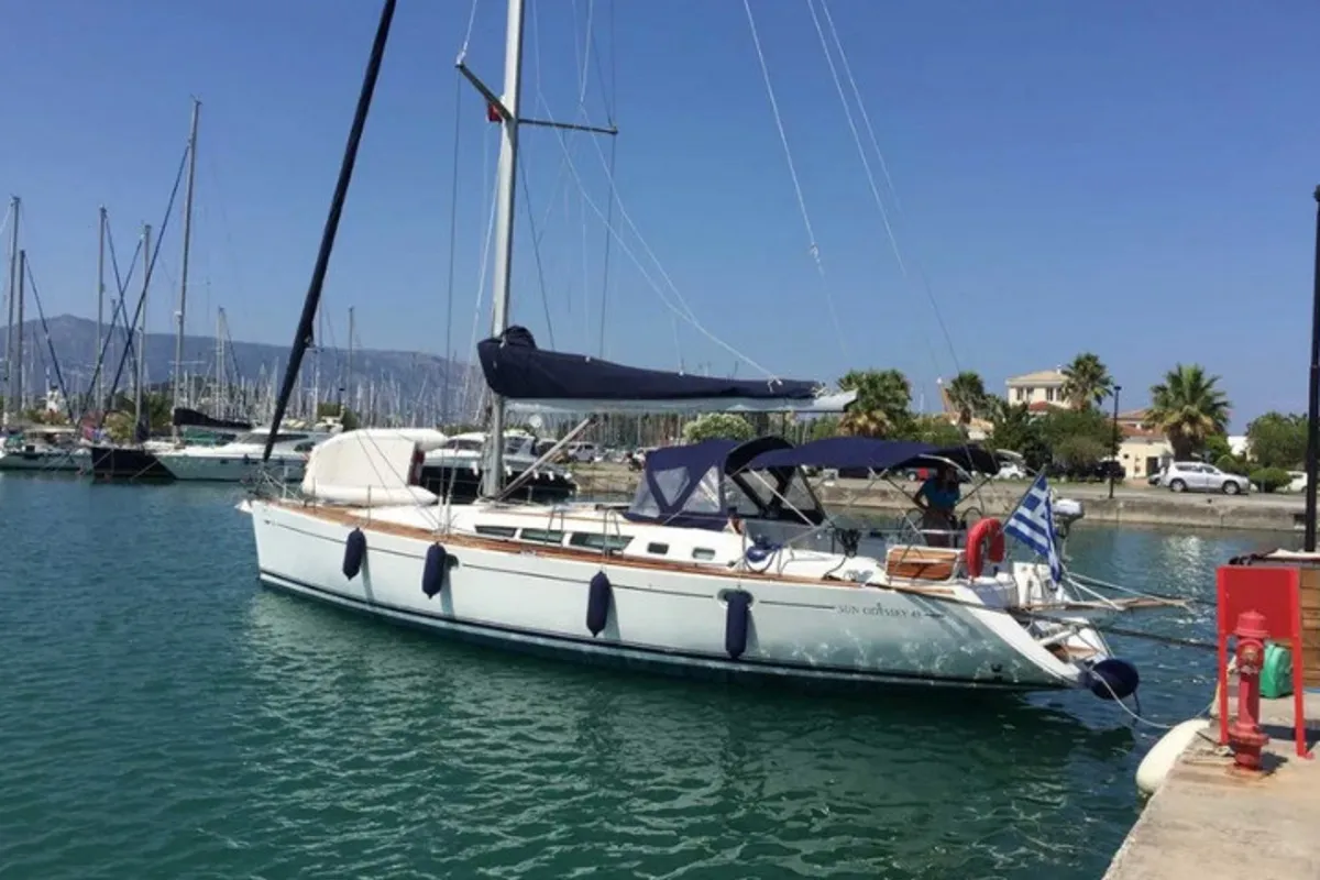 Exterior view of Joy, a Jeanneau Sun Odyssey 49 sailboat at Gouvia, Greece