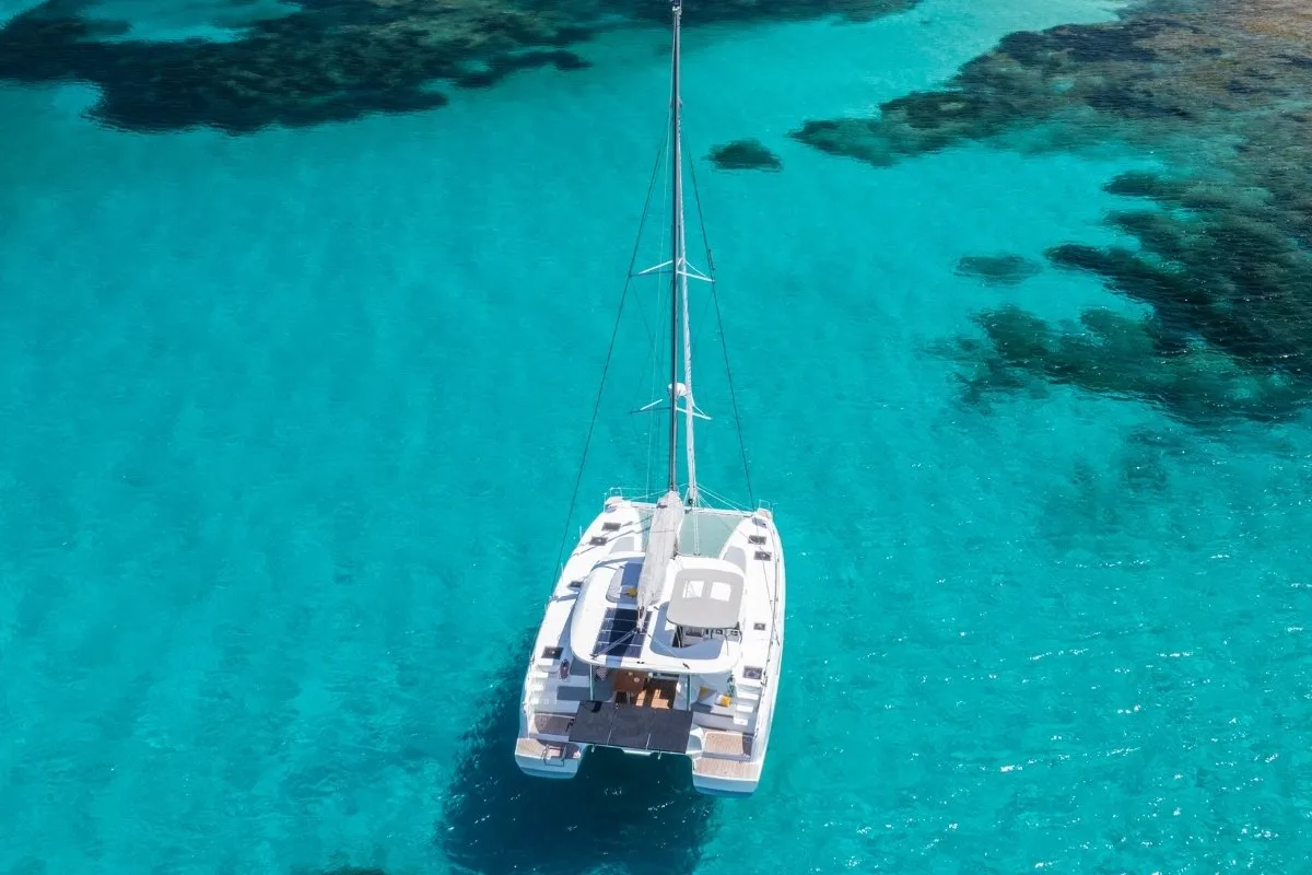 Exterior view of SARON, a Lagoon 38 catamaran at Municipal Unit of Nea Peramos, Greece