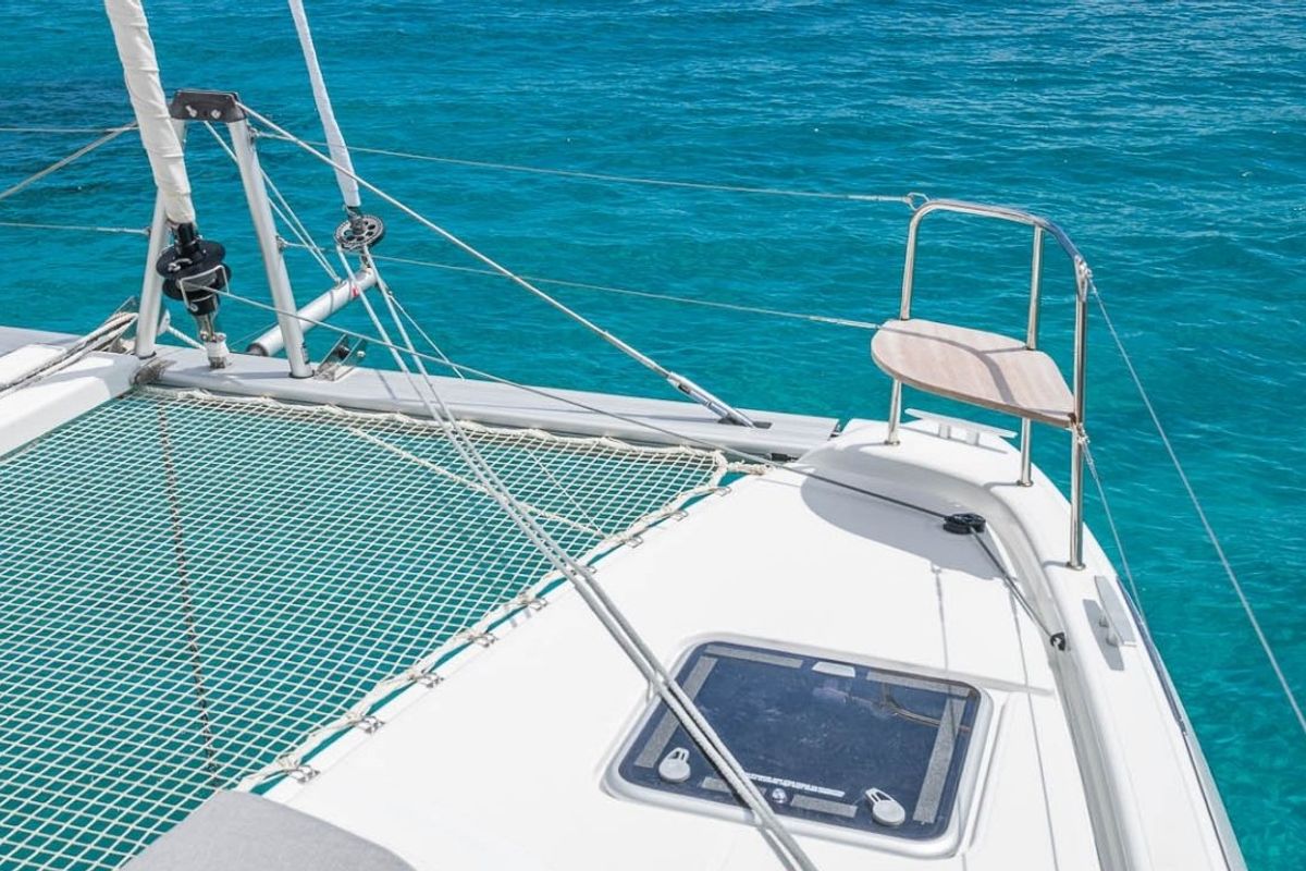 Deck of SARON, a Lagoon 38 catamaran at Municipal Unit of Nea Peramos, Greece