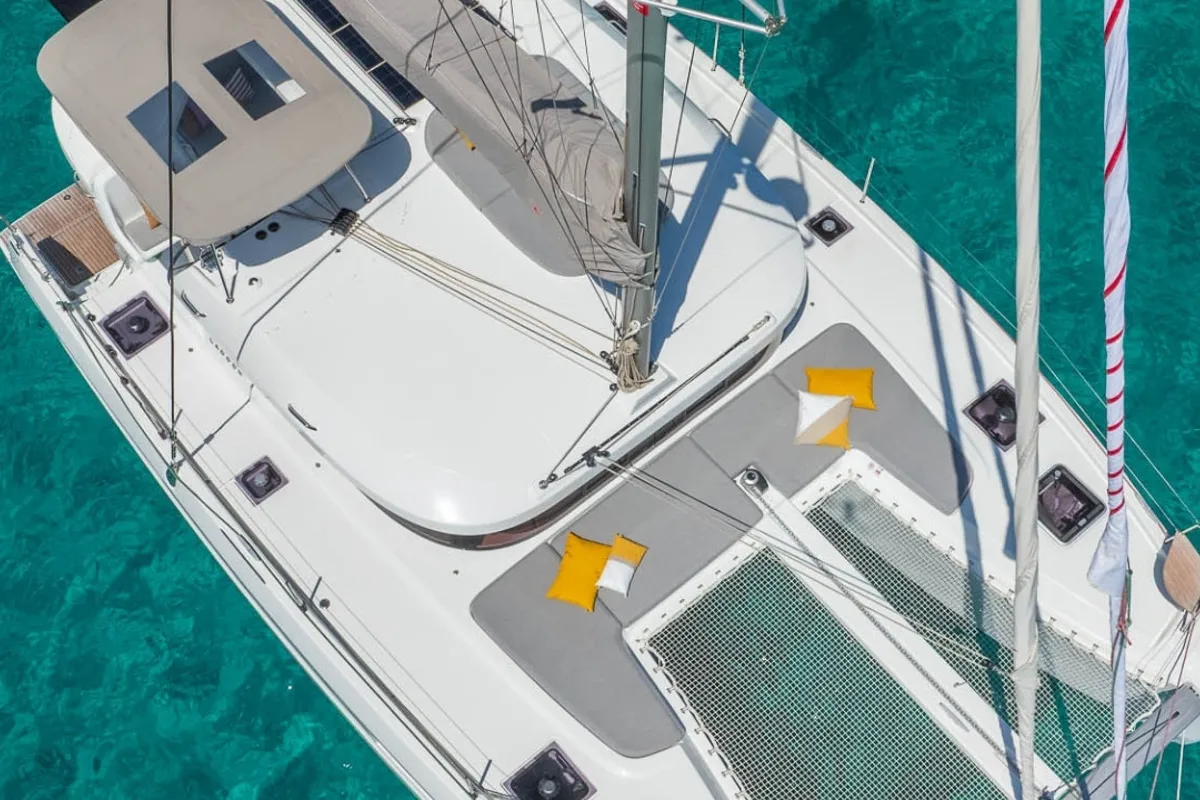 Deck of SARON, a Lagoon 38 catamaran at Municipal Unit of Nea Peramos, Greece