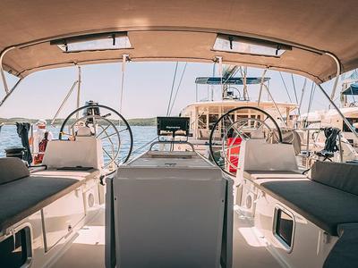 Cockpit of Yelmo, a Jeanneau 54 sailboat at Sant Antoni de Portmany, Spain