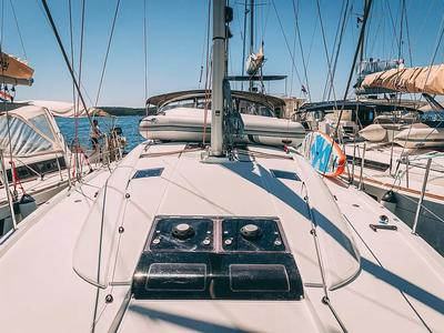 Deck of Yelmo, a Jeanneau 54 sailboat at Sant Antoni de Portmany, Spain