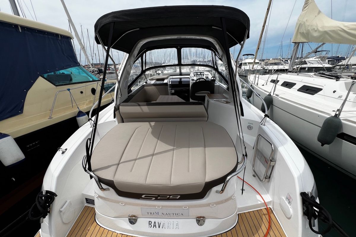 Deck of Denver, a Bavaria S29+ motorboat at Grad Biograd na Moru, Croatia