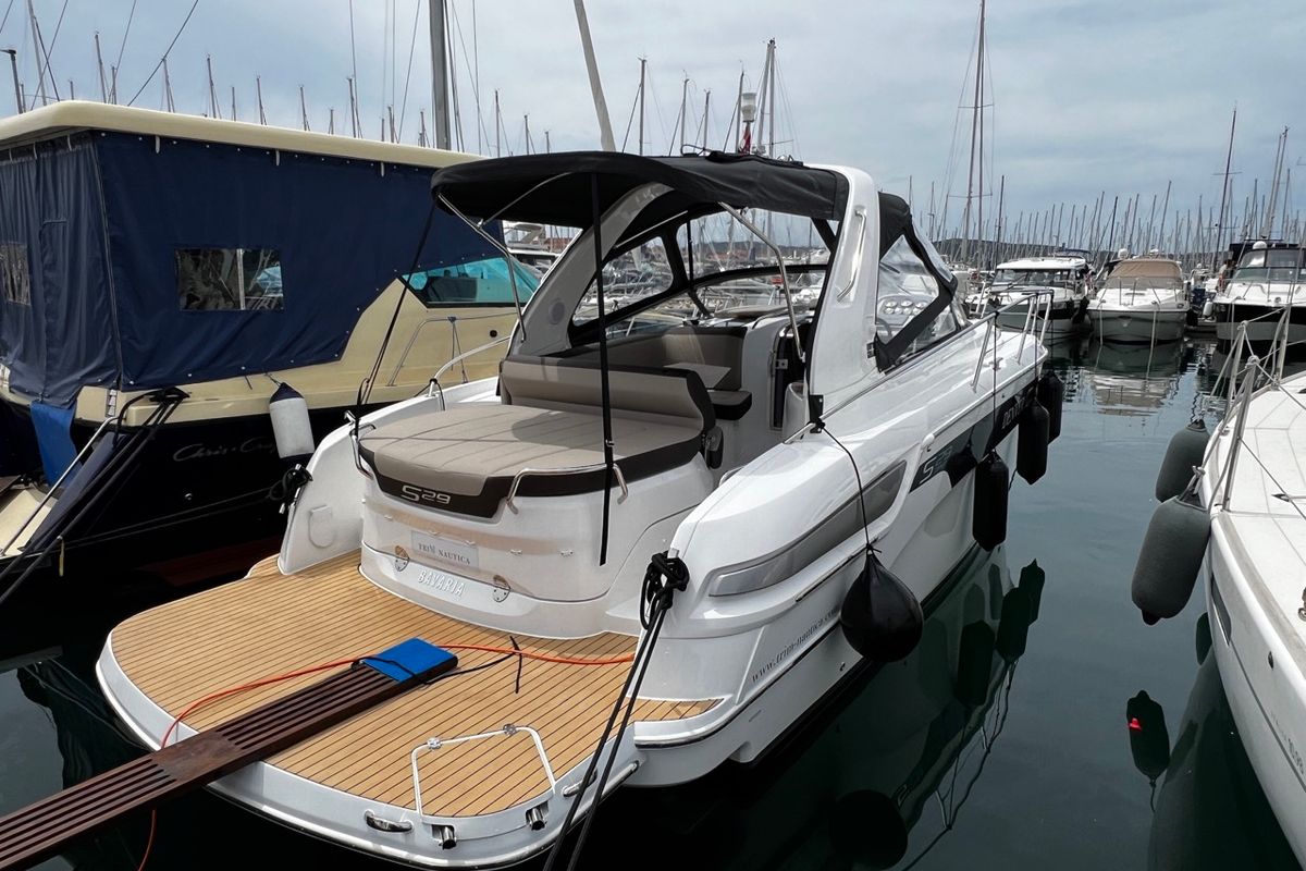 Deck of Denver, a Bavaria S29+ motorboat at Grad Biograd na Moru, Croatia