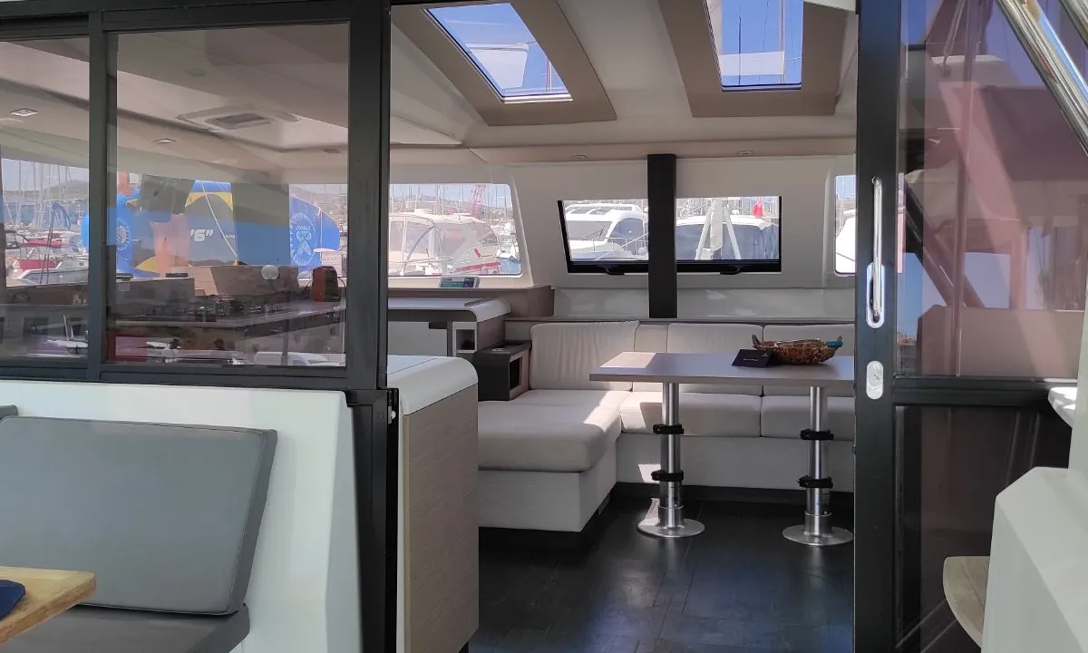 Salon of Kon-tiki, a Fountaine Pajot Elba 45 catamaran at Lavreotiki Municipal Unit, Greece