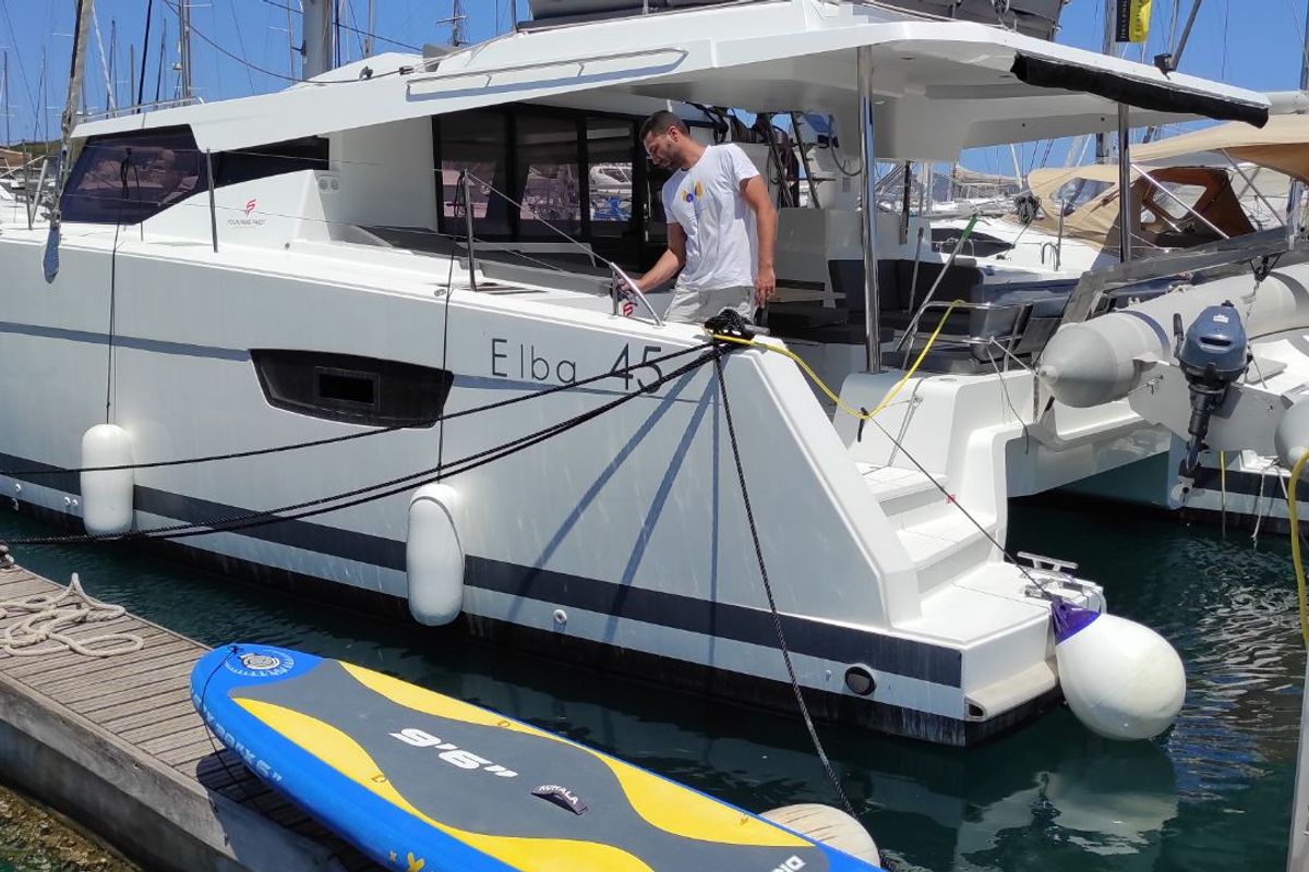 Exterior view of Kon-tiki, a Fountaine Pajot Elba 45 catamaran at Lavreotiki Municipal Unit, Greece