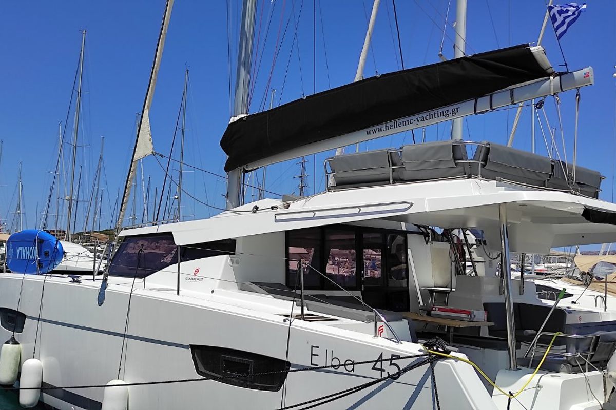 Exterior view of Kon-tiki, a Fountaine Pajot Elba 45 catamaran at Lavreotiki Municipal Unit, Greece