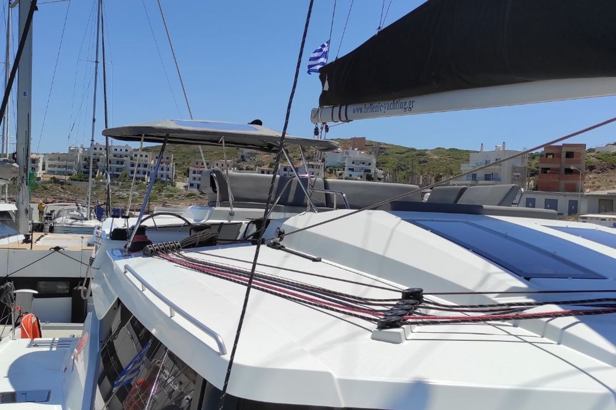 Deck of Kon-tiki, a Fountaine Pajot Elba 45 catamaran at Lavreotiki Municipal Unit, Greece