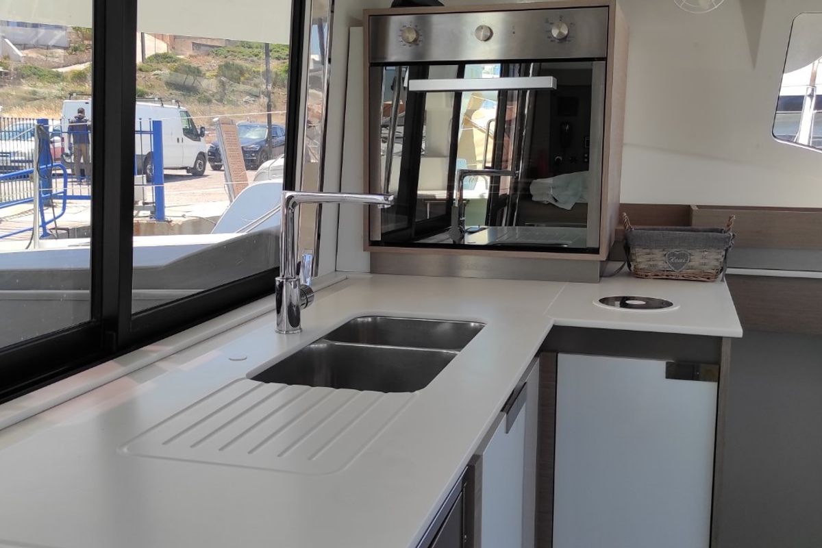 Galley of Kon-tiki, a Fountaine Pajot Elba 45 catamaran at Lavreotiki Municipal Unit, Greece