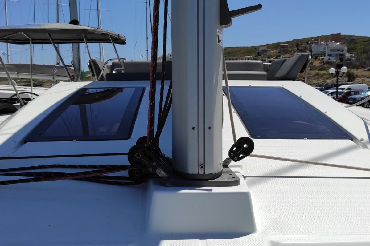 Deck of Kon-tiki, a Fountaine Pajot Elba 45 catamaran at Lavreotiki Municipal Unit, Greece