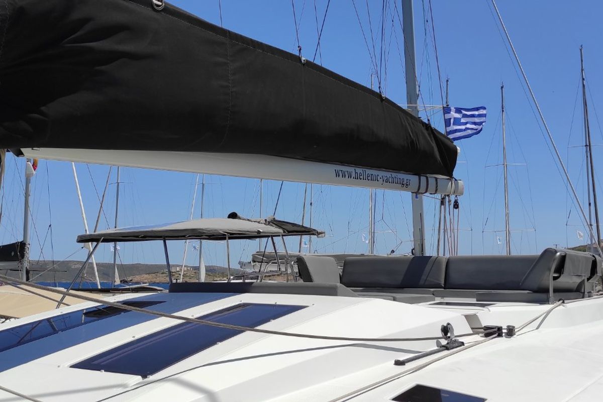 Deck of Kon-tiki, a Fountaine Pajot Elba 45 catamaran at Lavreotiki Municipal Unit, Greece