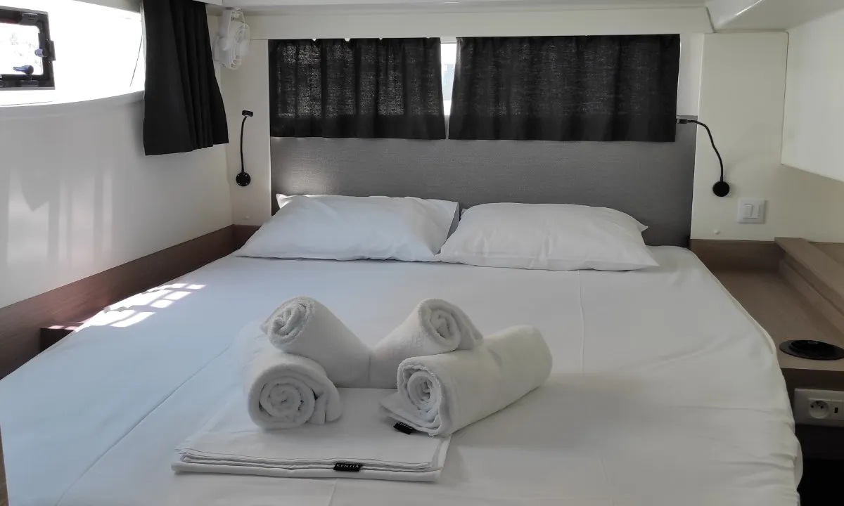 Cabin on Kon-tiki, a Fountaine Pajot Elba 45 catamaran at Lavreotiki Municipal Unit, Greece